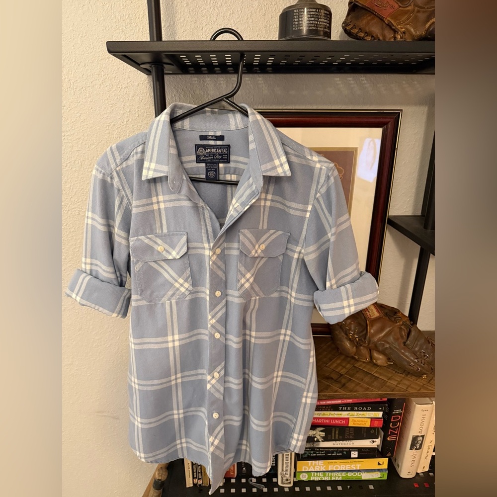 American Rag Men's Light Blue Plaid Button Down Shirt